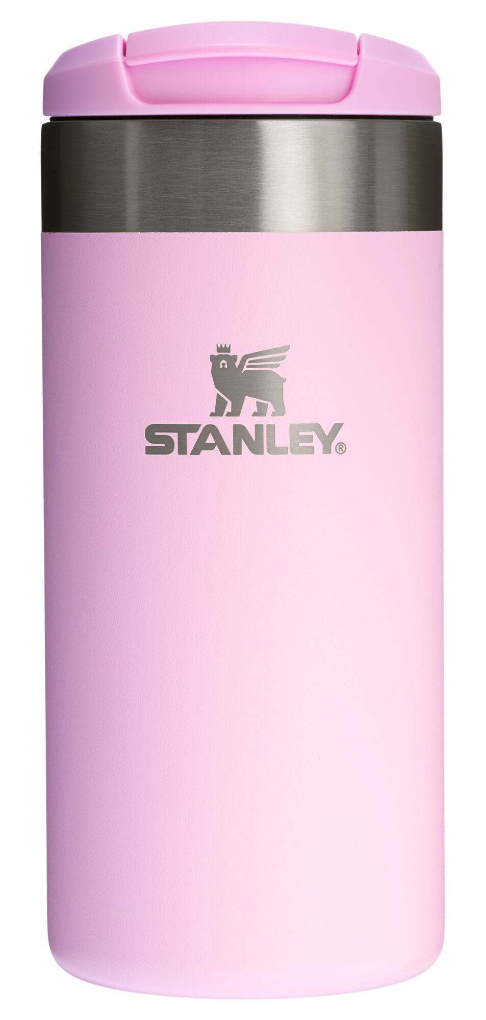 Pink Stanley insulated mug on a white background