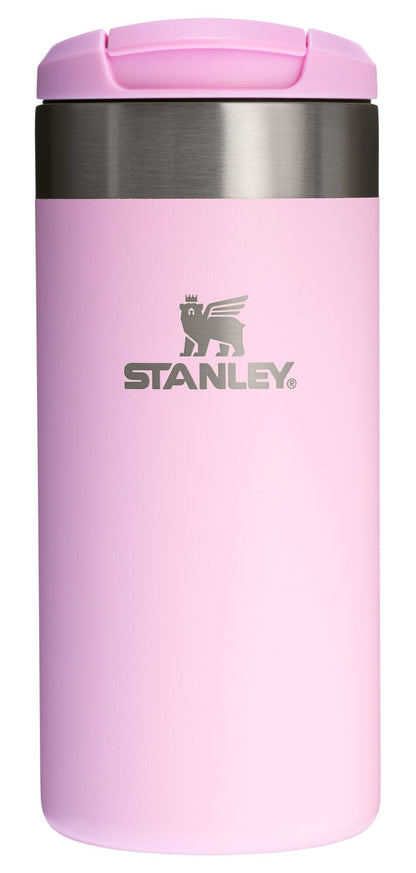 Pink Stanley insulated mug on a white background