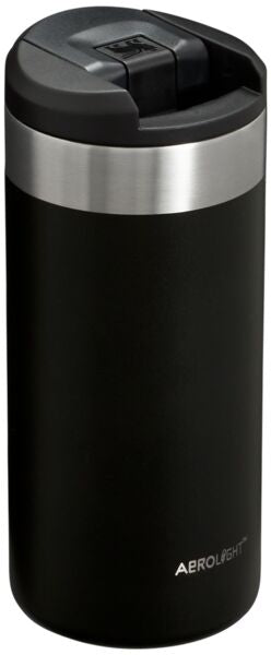 Black insulated travel mug with silver lid on a white background