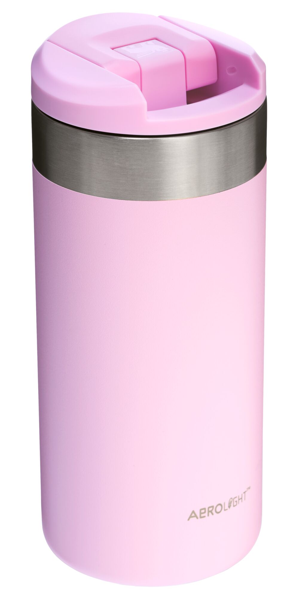 Pink insulated tumbler with a silver base on a white background
