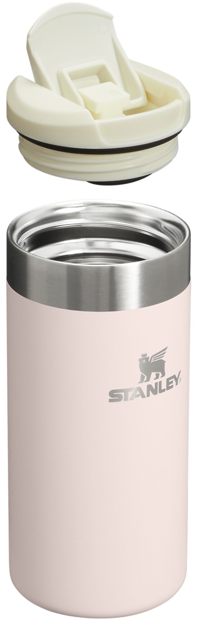 Pink Stanley tumbler with a white lid on a white background