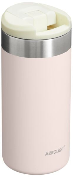 Pink travel mug with silver lid on a white background