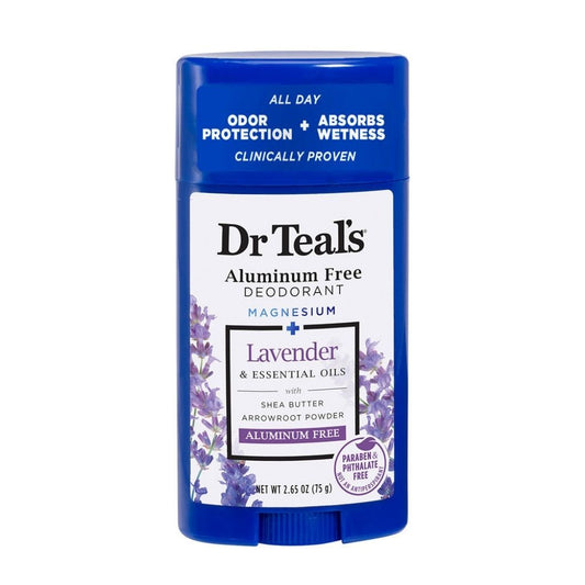 Dr. Teal's Aluminum Free Deodorant stick with lavender and essential oils on a white background