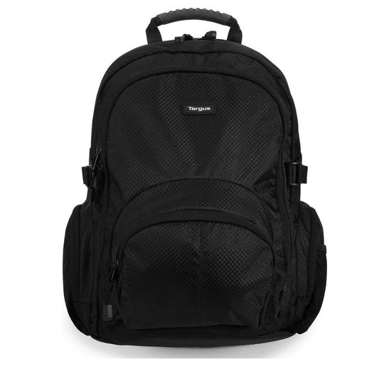 Black backpack with Targus branding on a white background