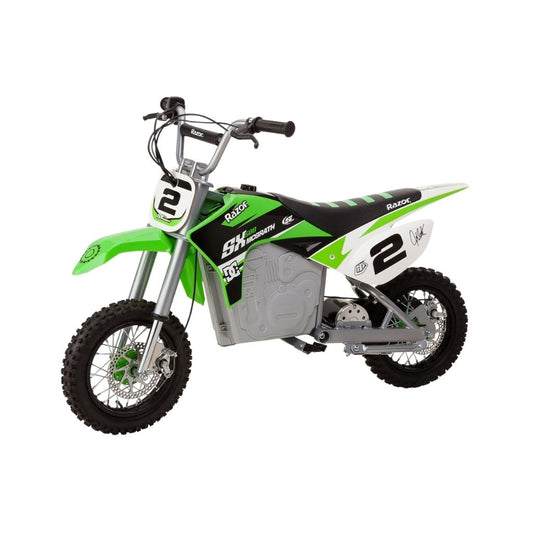 Green and black dirt bike with number 2 on a white background
