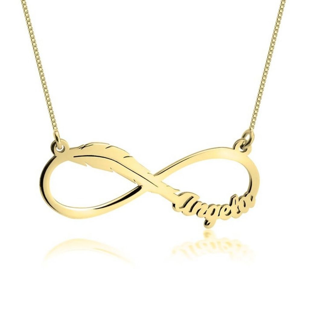 Gold infinity pendant necklace with 'Mom' engraved on a white background