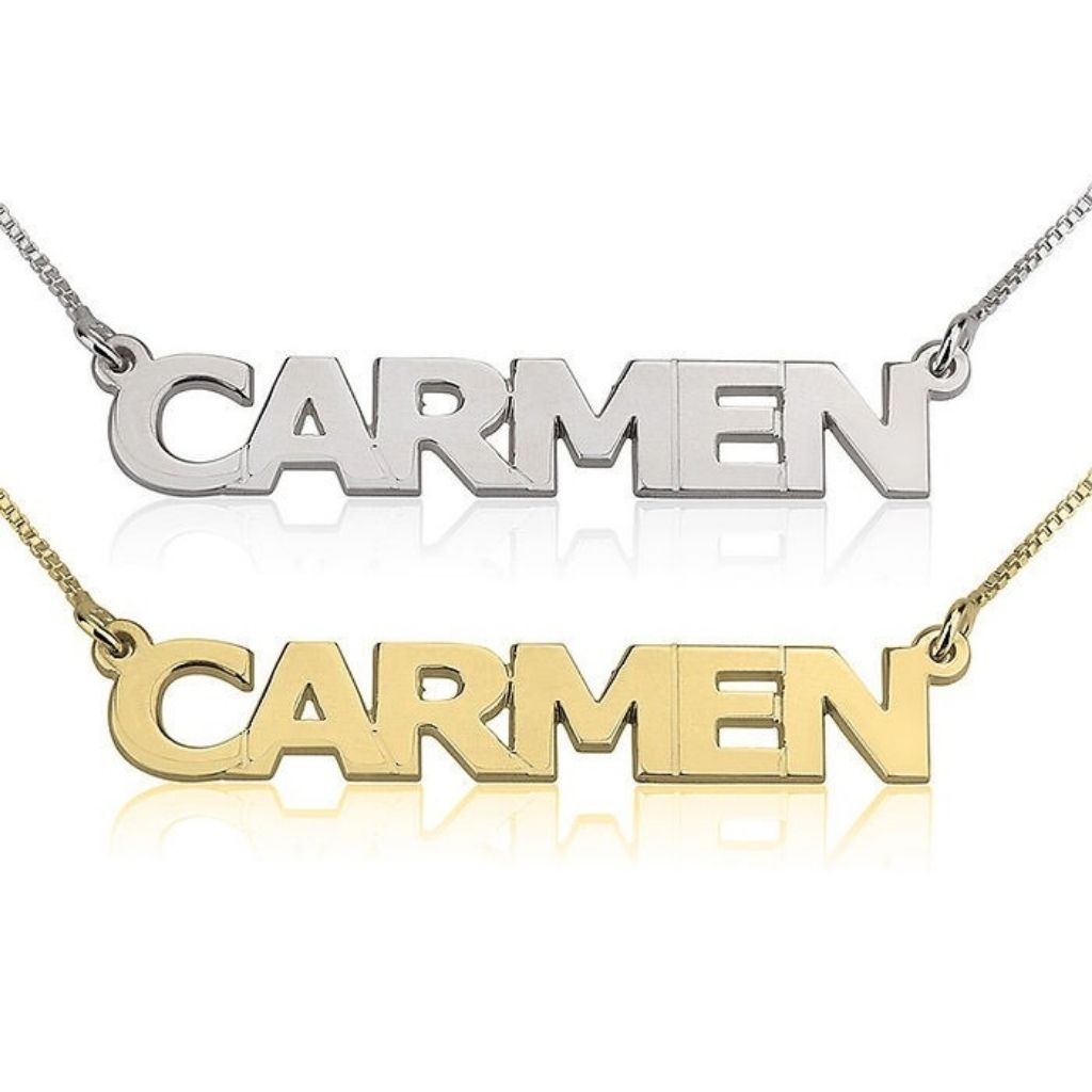 Two nameplate necklaces, one silver and one gold, on a white background.