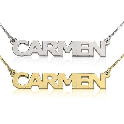 Two nameplate necklaces, one silver and one gold, on a white background.