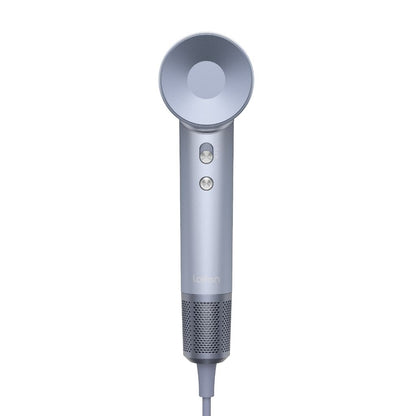 Silver handheld hair dryer on a white background