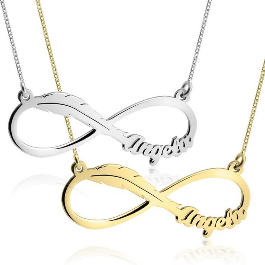 Two infinity symbol necklaces, one gold and one silver, on a white background.