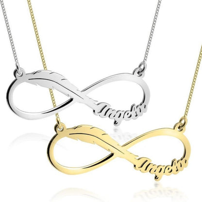 Two infinity symbol necklaces, one gold and one silver, on a white background.