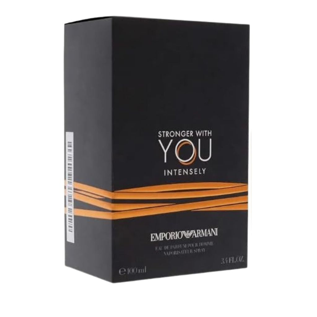 Emporio Armani perfume packaging with black and orange design on a white background