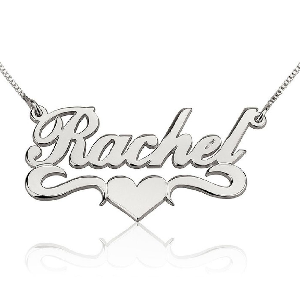 Silver 'Rachel' necklace with a heart on a white background