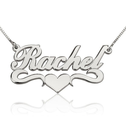 Silver 'Rachel' necklace with a heart on a white background