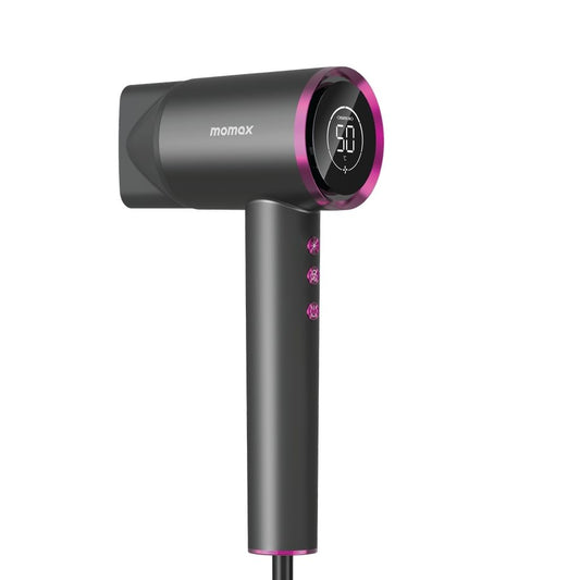 Black and pink hair dryer with digital display on a white background