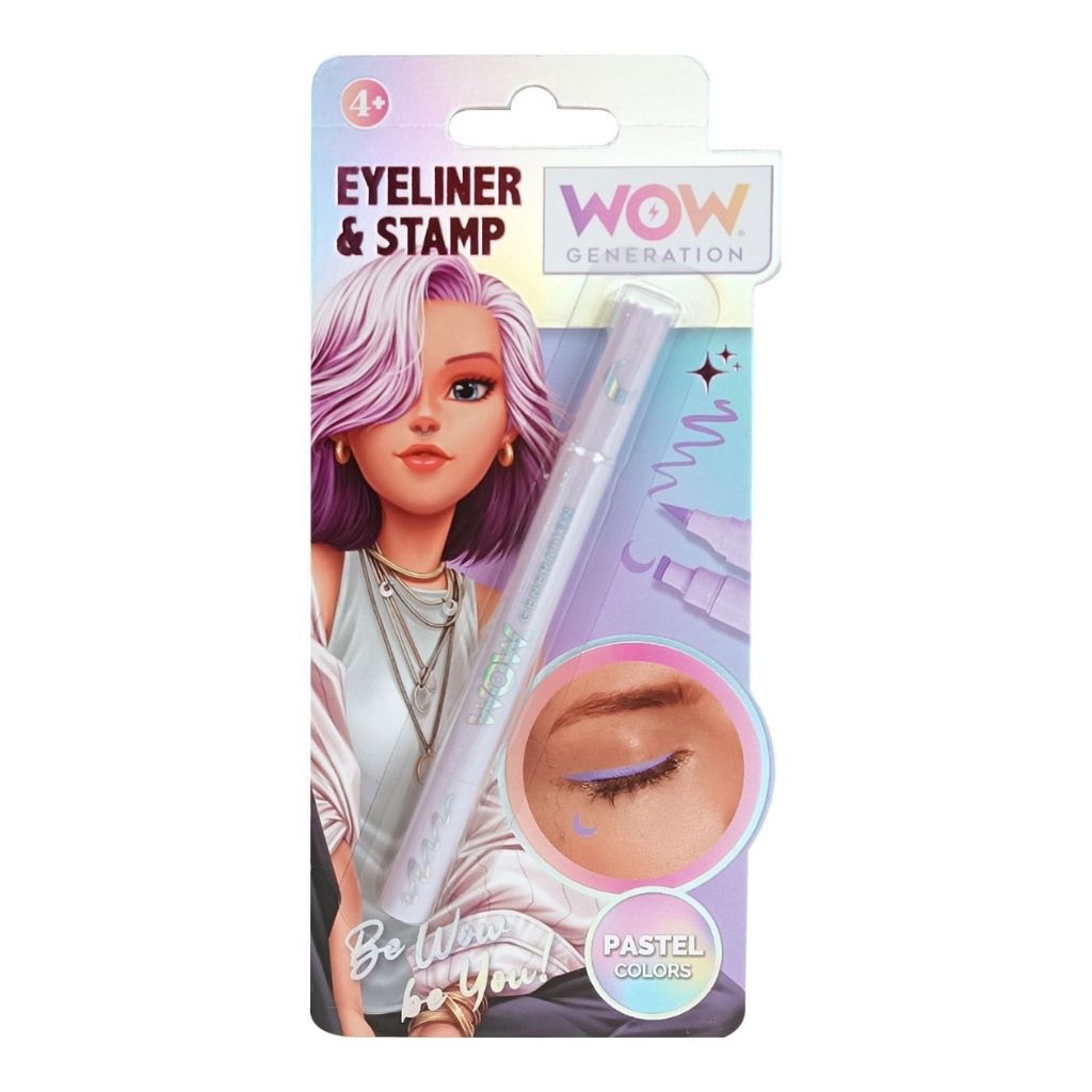 Eyeliner and stamp set packaging with a doll image on a white background