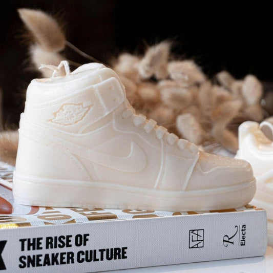 White sneaker on a book titled 'The Rise of Sneaker Culture' with blurred cat in the background