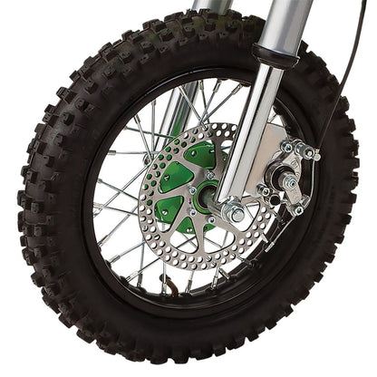 Close-up of a motorcycle wheel with a green hub on a white background