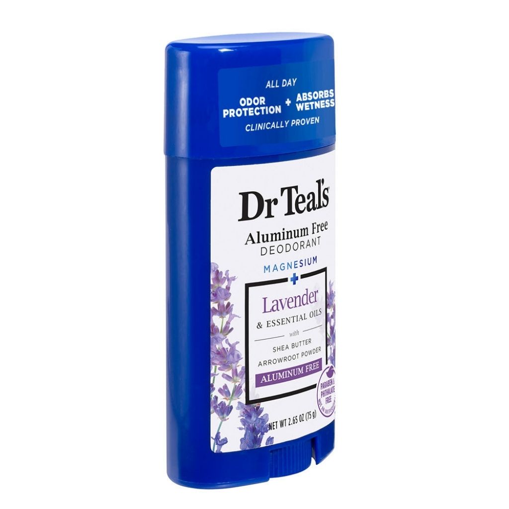 Dr Teal's Aluminum Free Deodorant stick with lavender and essential oils on a white background