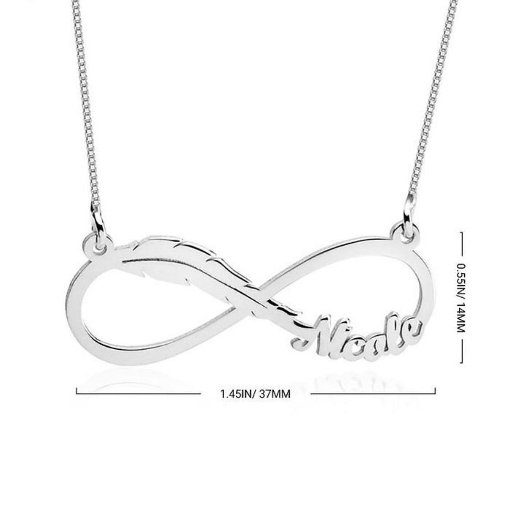 Silver infinity necklace with 'Nada' engraved on a white background