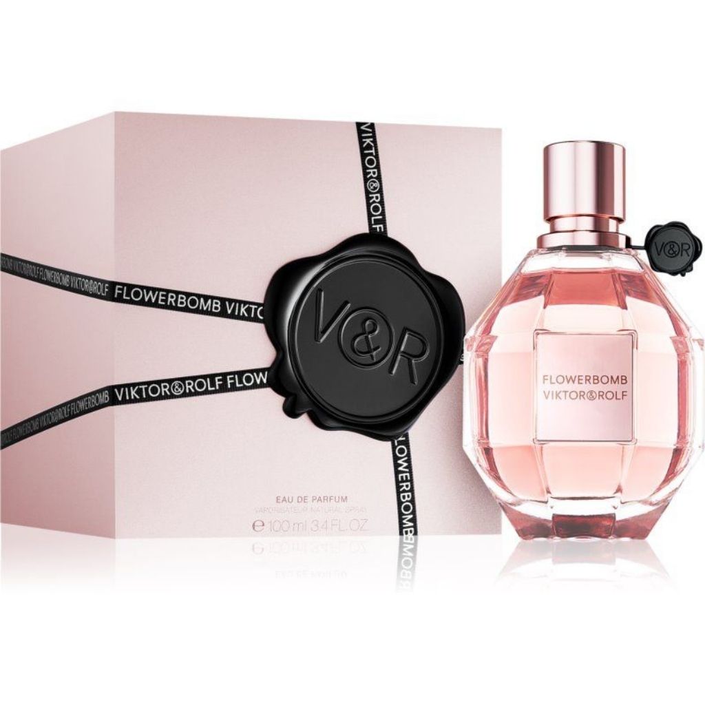 Viktor & Rolf Flowerbomb perfume bottle and packaging on a white background