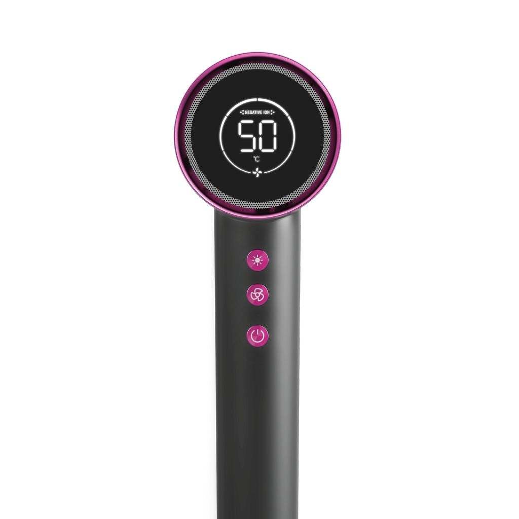 Black handheld device with digital display and control buttons on a white background