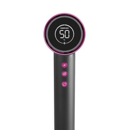 Black handheld device with digital display and control buttons on a white background