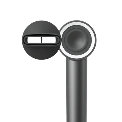 Black and gray cylindrical object with a round component on a white background