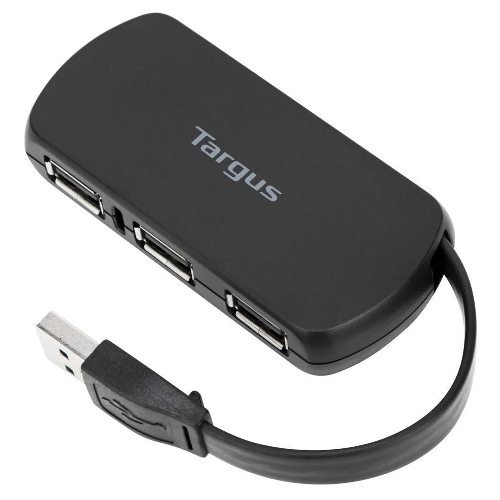 Black Targus USB hub with multiple ports on a white background