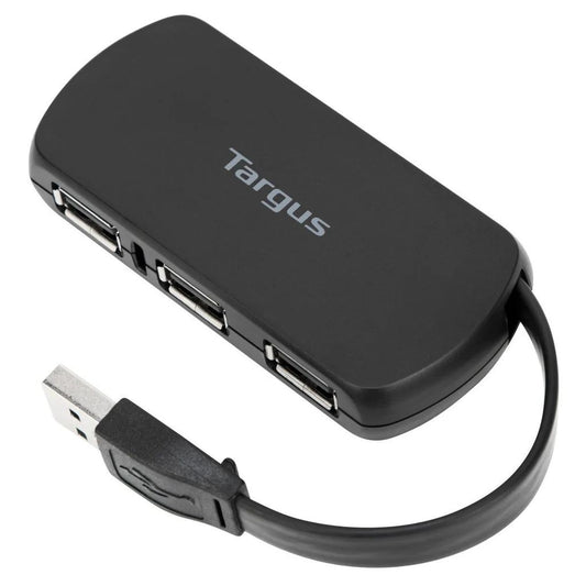 Black Targus USB hub with multiple ports on a white background