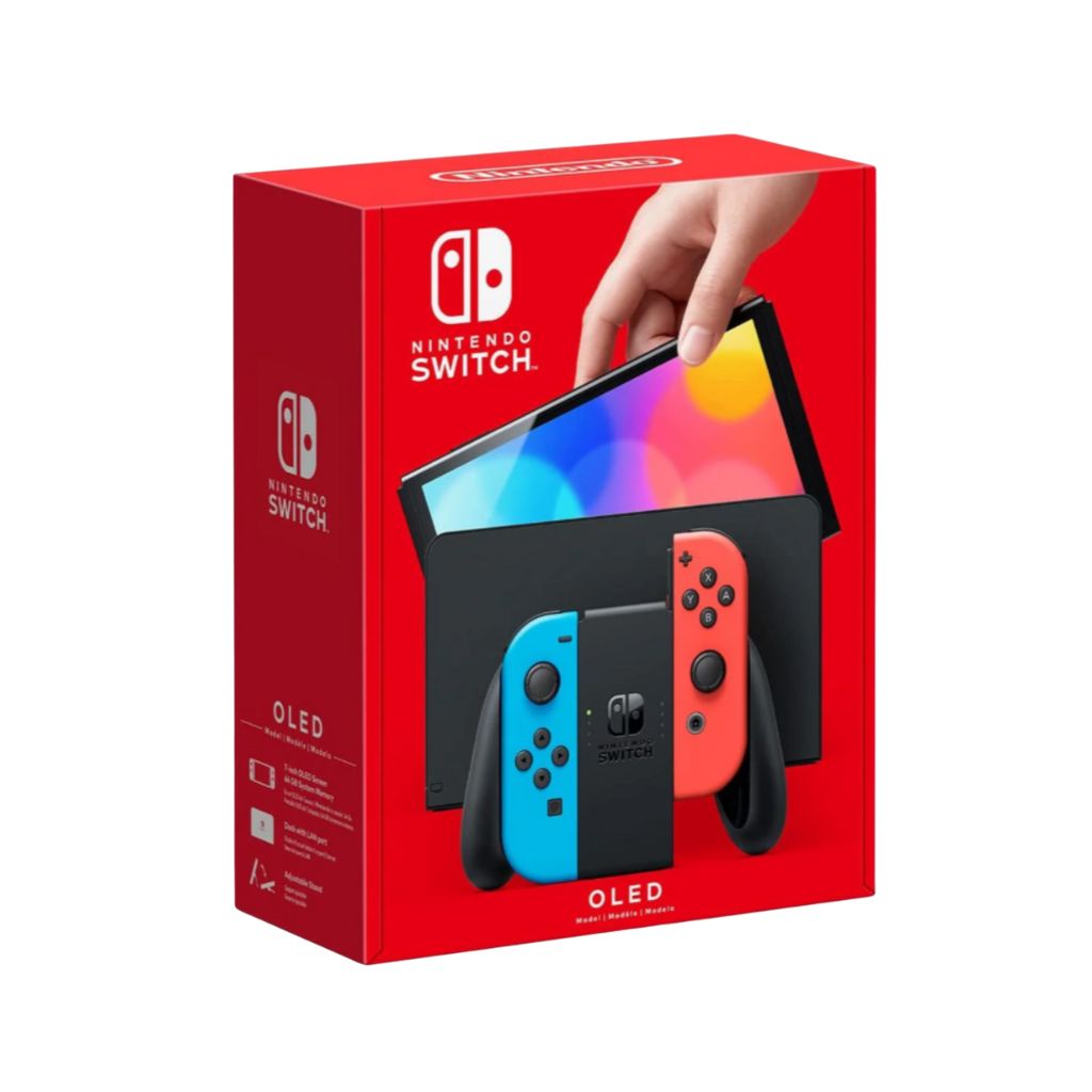 Nintendo Switch OLED packaging with a hand holding the console on a red background