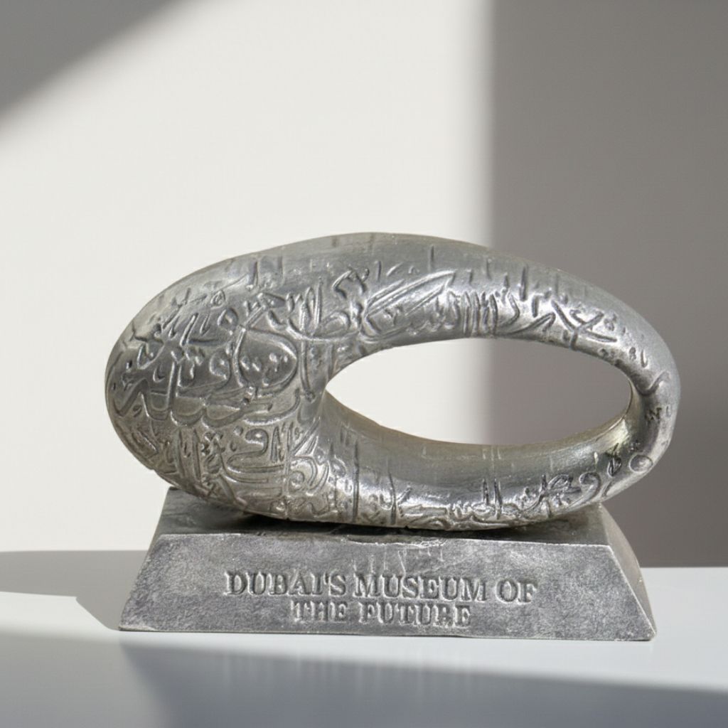 Metallic sculpture with engraved design on a stand, labeled 'Dubai Museum of the Future'.