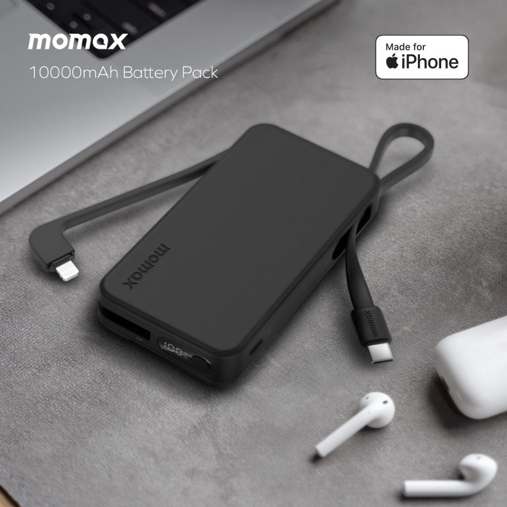 Momax 1-Power Vital+ 10000 mAh Power Bank With Built In Usb-C & Lightning Cable