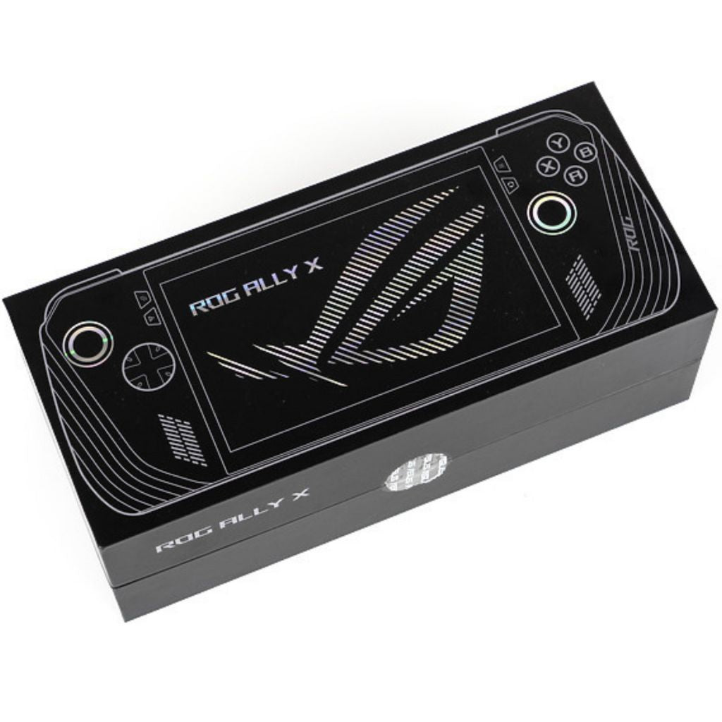 Box of ROG Ally X with gaming phone design on a white background