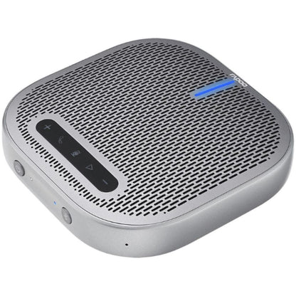 Portable speaker with control buttons on a white background