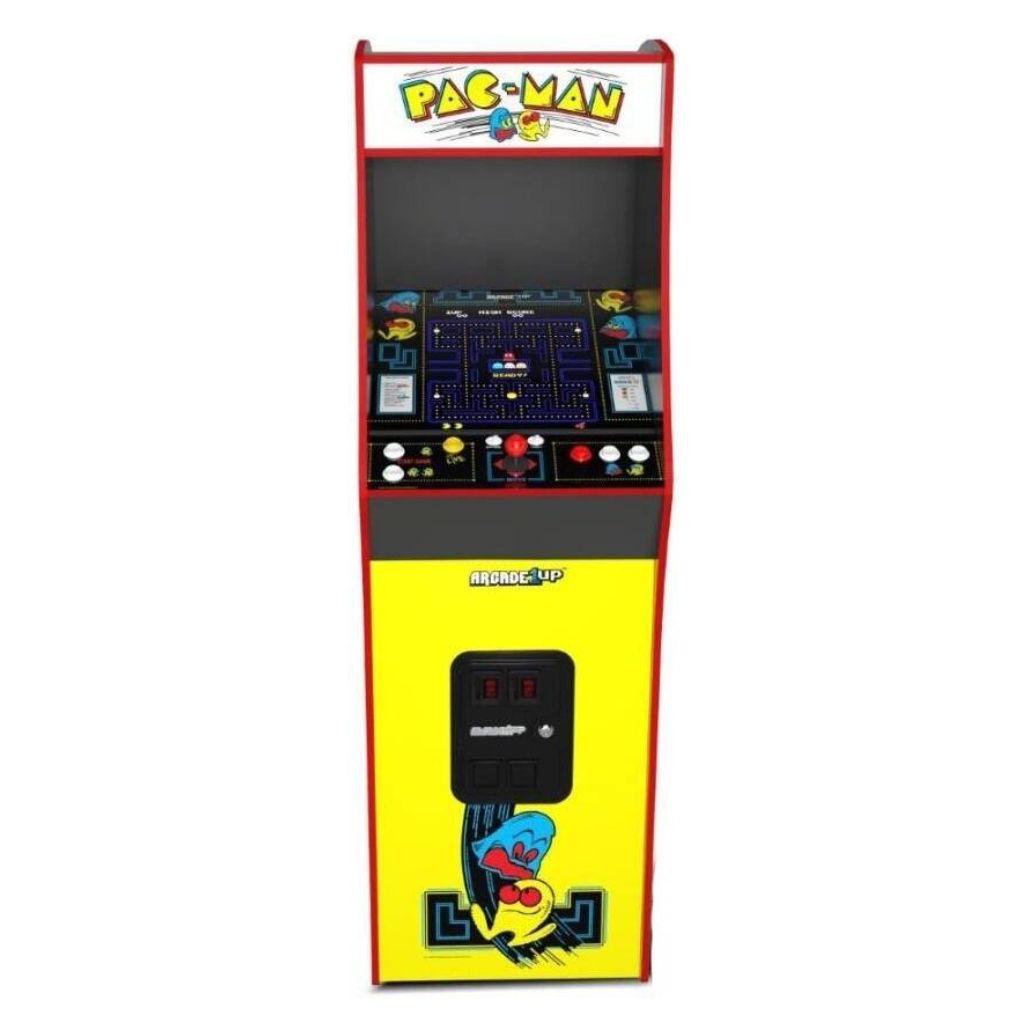 Pac-Man arcade machine with red, yellow, and black colors on a white background