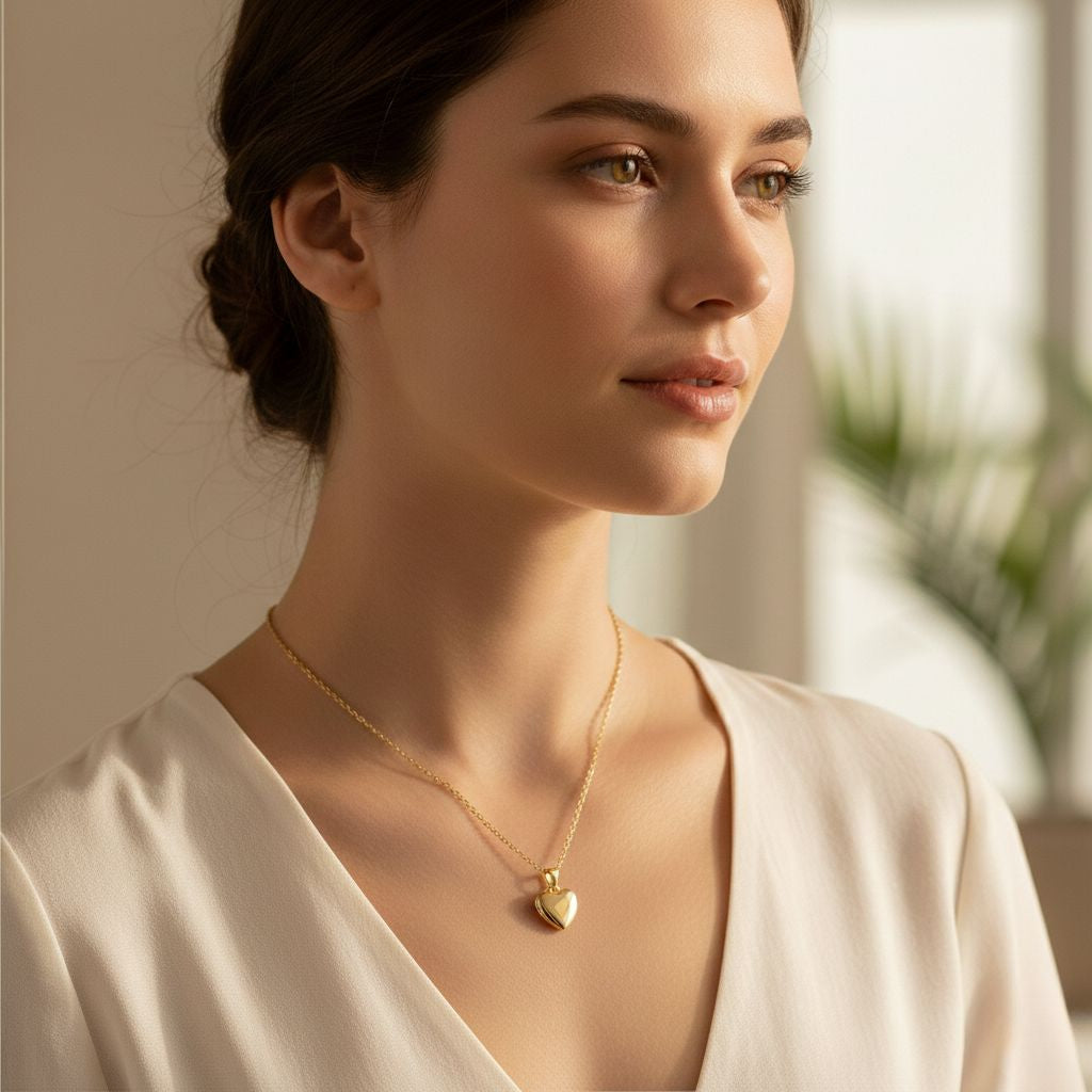 Woman wearing a gold necklace with a heart pendant in a softly lit indoor setting