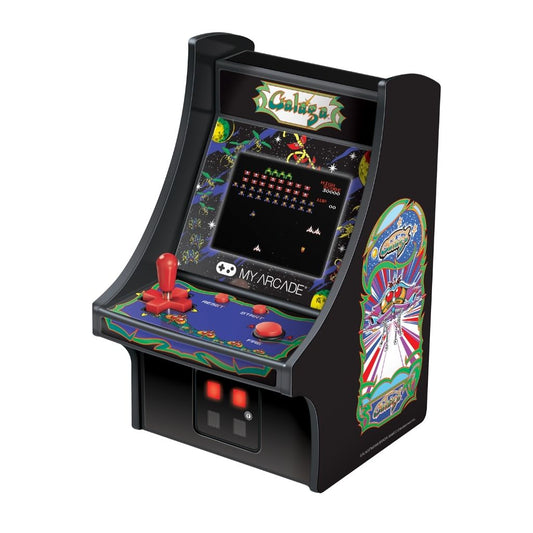 Miniature arcade machine with colorful graphics and joystick on a white background
