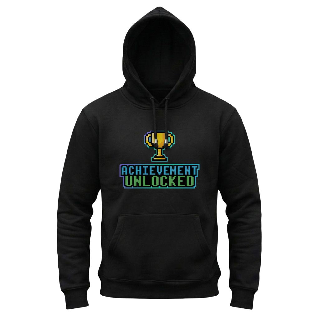 Black hoodie with 'Achievement Unlocked' graphic on a white background