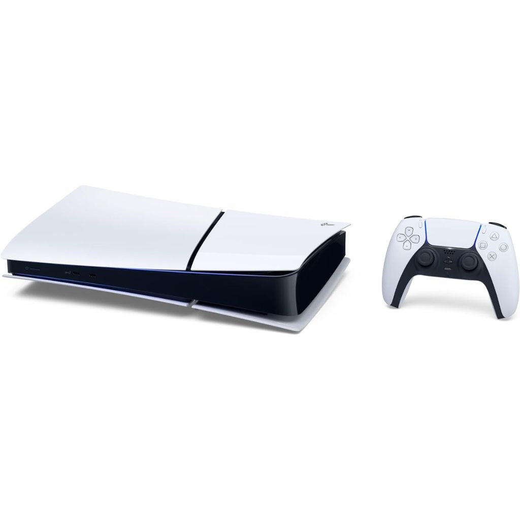 White gaming console and controller on a white background