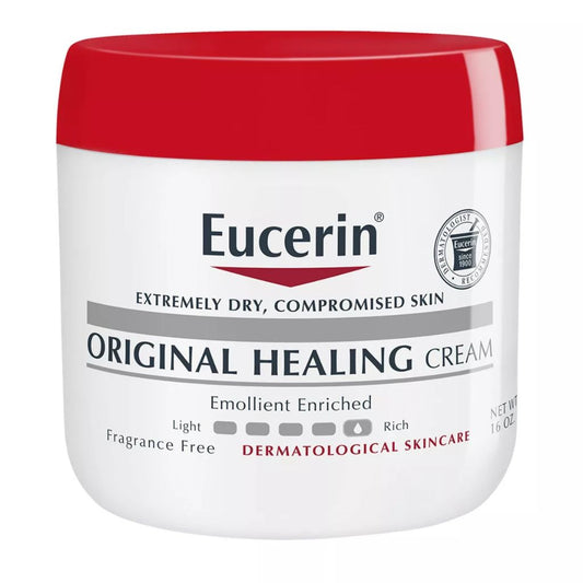 Eucerin Original Healing Cream jar with red lid on a white background