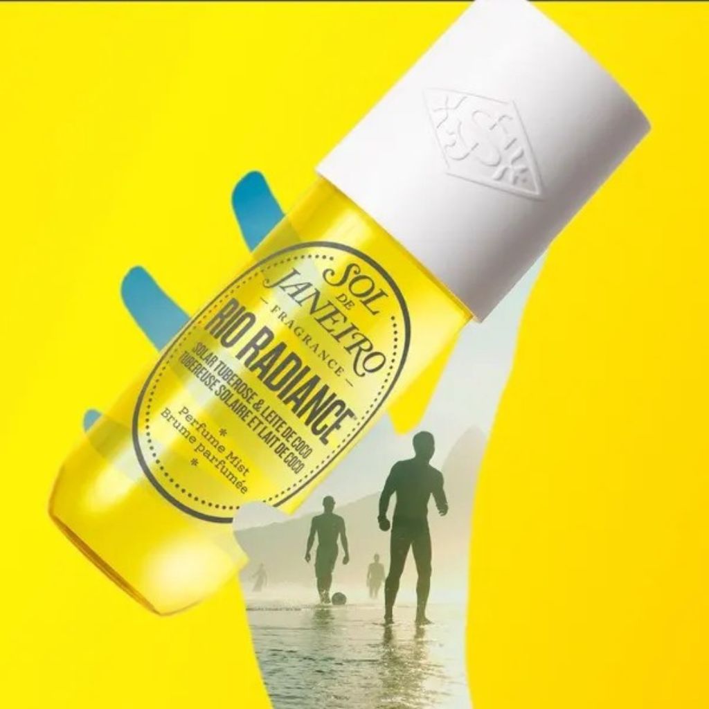 Suntan lotion bottle with 'Sol de Janeiro' branding on a yellow background