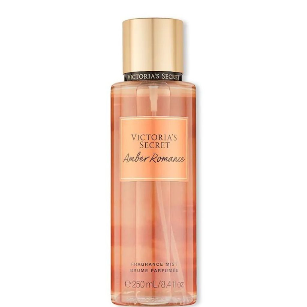 Victoria's Secret Amber Romance fragrance mist bottle on a white background