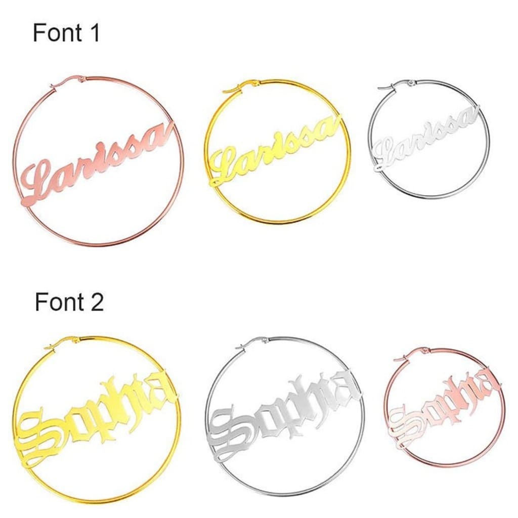 Hoop earrings with personalized names in different fonts and colors on a white background