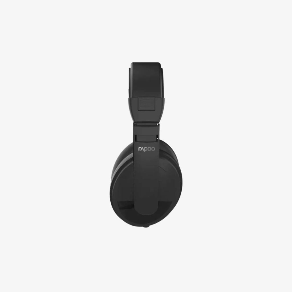 Black headphones with a brand logo on a white background