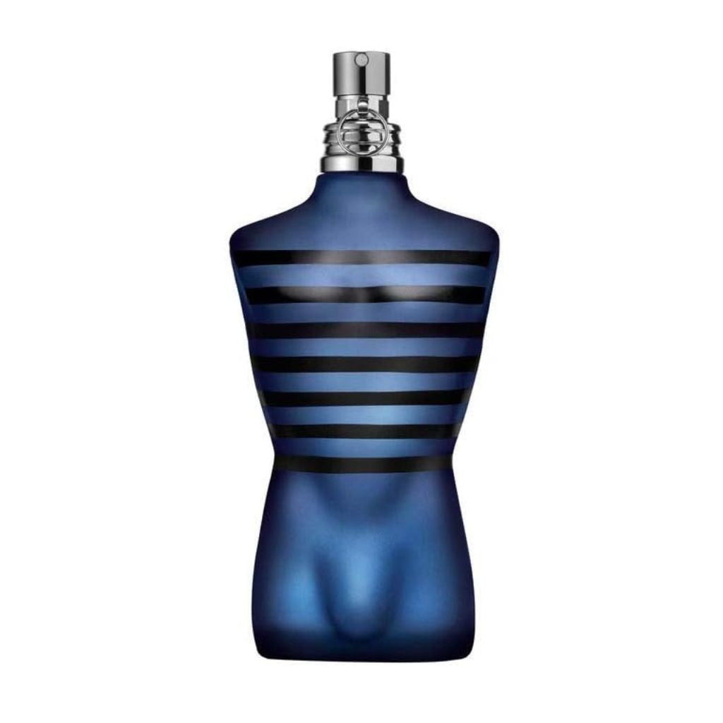 Blue striped perfume bottle on a white background