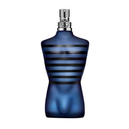 Blue striped perfume bottle on a white background