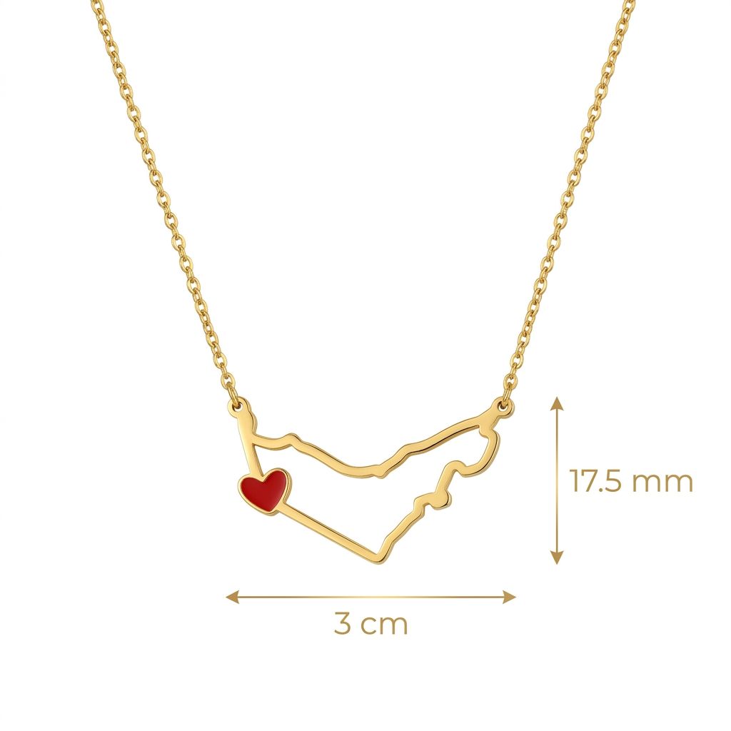 Gold necklace with a heart pendant and measurements on a white background