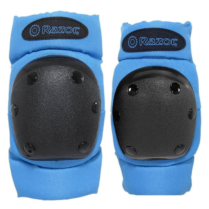 Pair of blue knee pads with black foam padding on a white background, featuring the Razor brand.