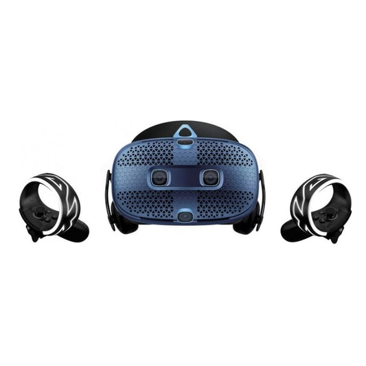 Blue and black VR headset with two controllers on a white background